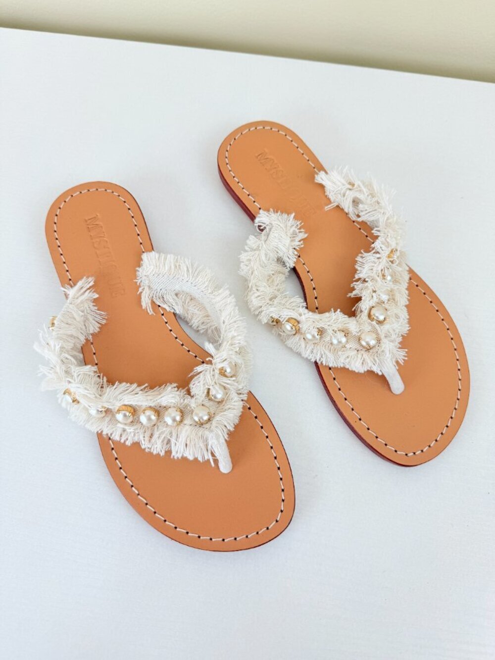 Mystique Embellished Fringe Pearl Thong Sandals Size 7